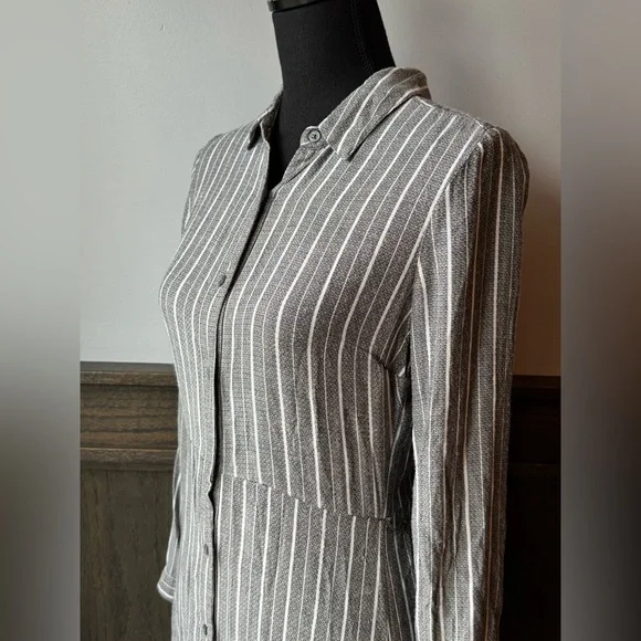 Lucky Brand Gray and White Striped Button-Front Long Sleeve Midi Shirt Dress XS - Picture 2 of 9